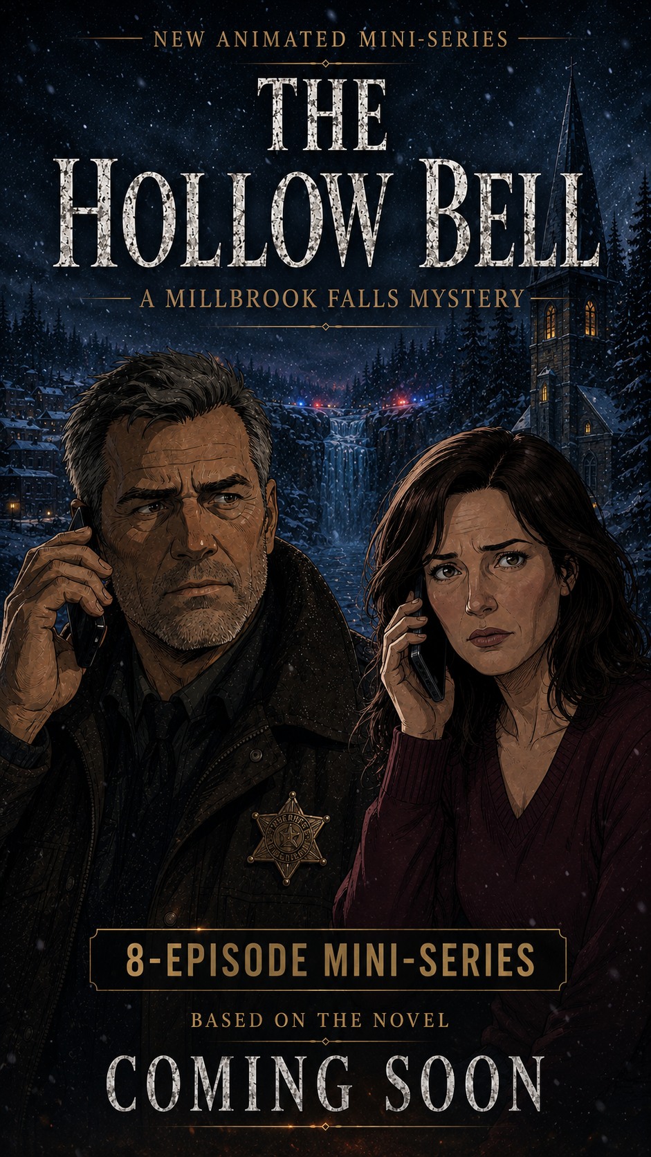 The Hollow Bell animated mini-series poster with Sheriff Del Hutchins and Claire Renner in snowy Millbrook Falls